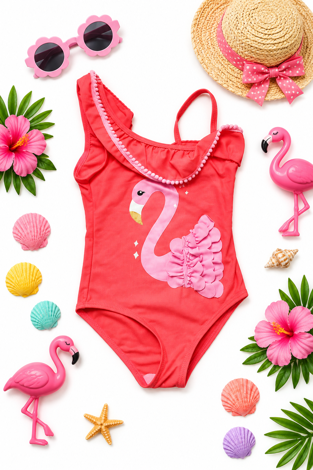 Girls Flamingo Swimsuit Flat Lay