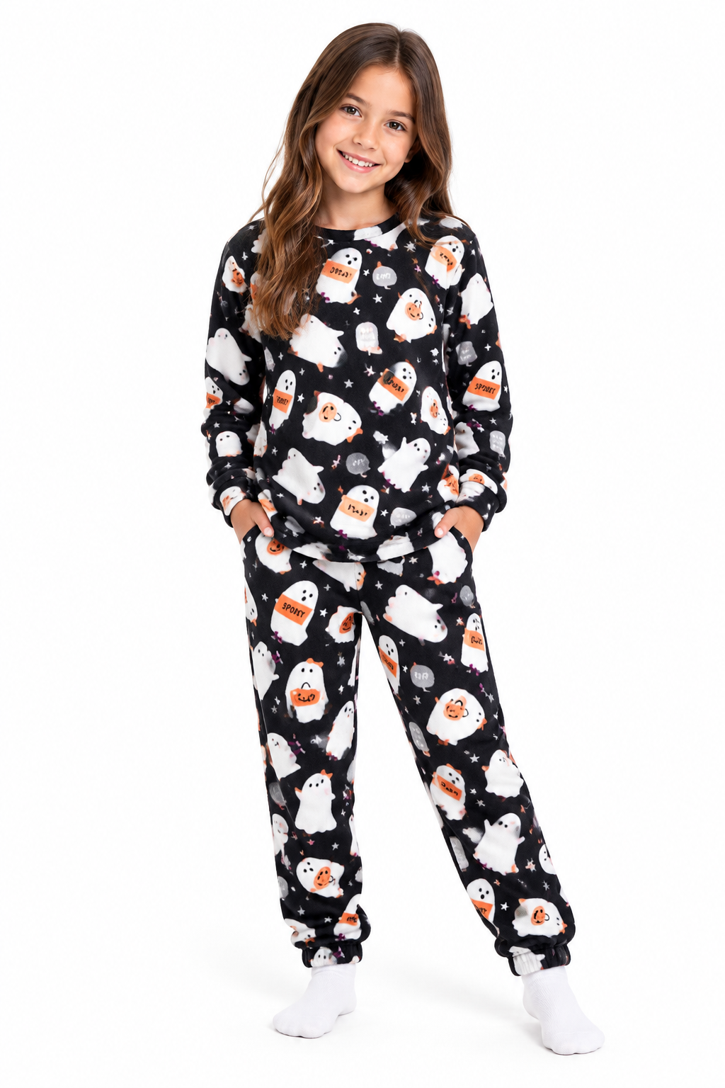 Girls Ghost Print Fleece Pyjamas - White Background