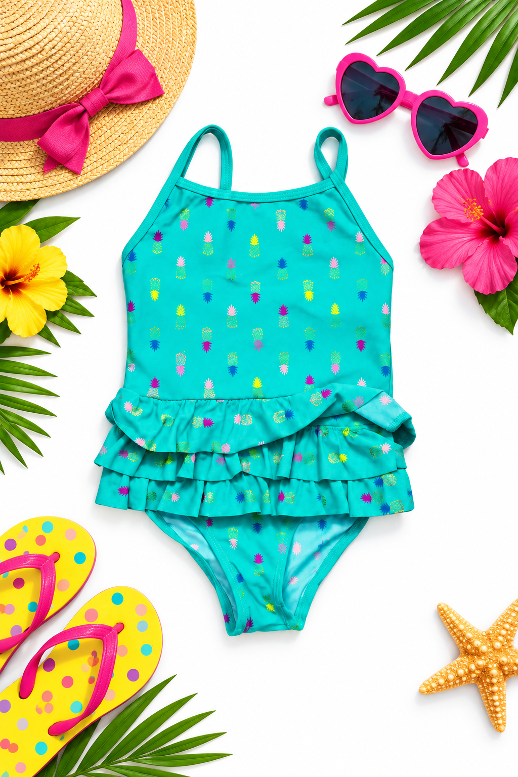 Girls Green Swimsuit Flat Lay White Background