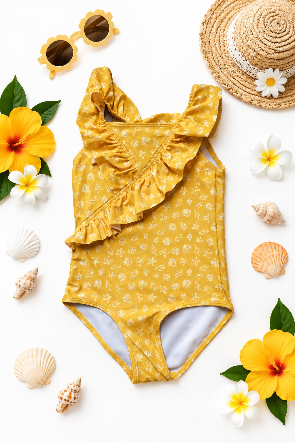 Girls Mustard Yellow Swimsuit Flat Lay
