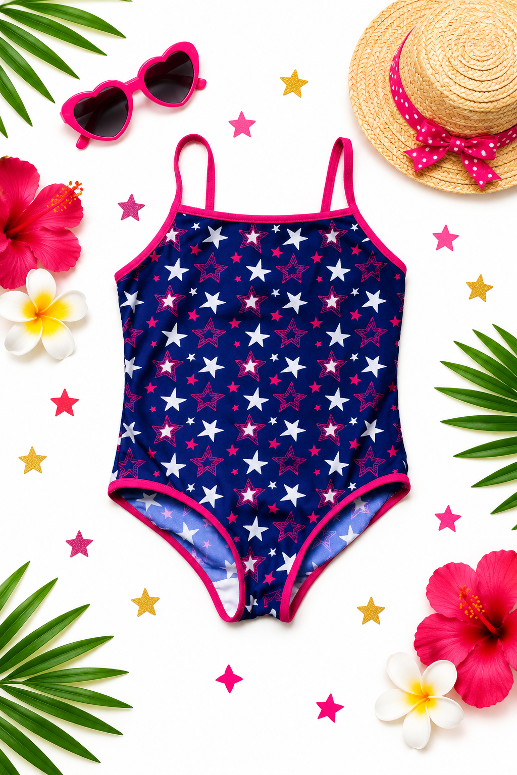 Girls Navy Star Swimsuit Flat Lay