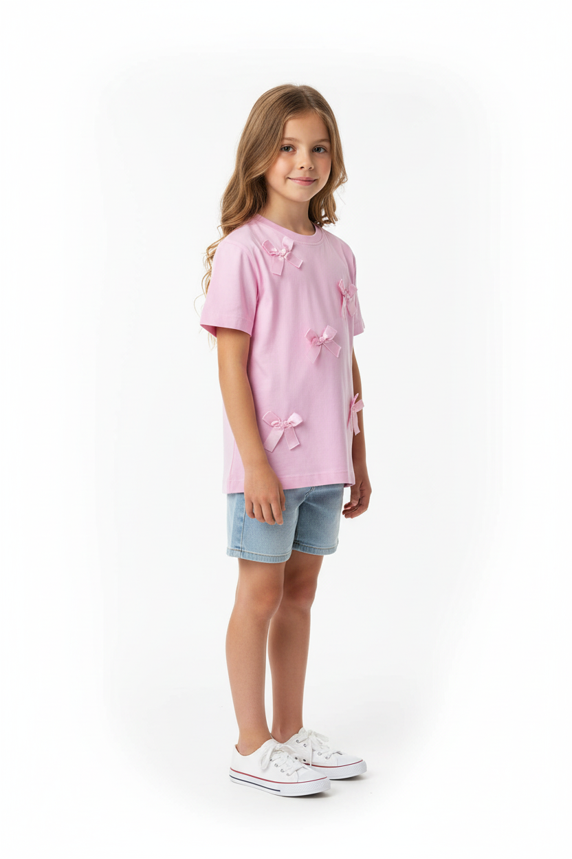 Girls Pink Bow T-Shirt Model Shot