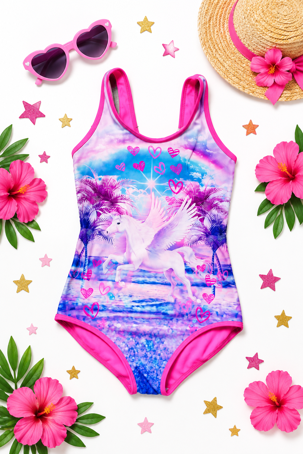 Girls Pink Unicorn Swimsuit Flat Lay