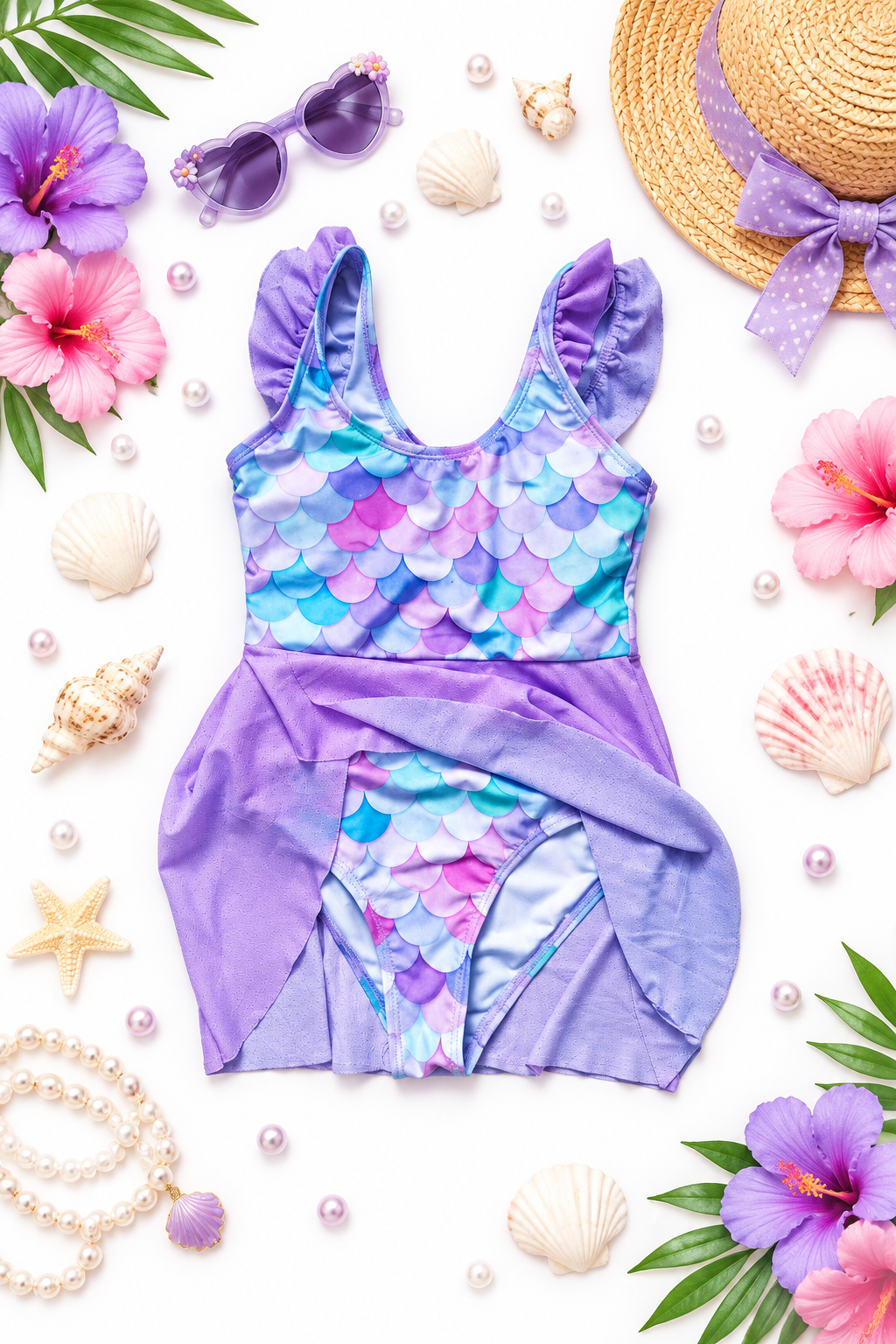 Girls Purple Mermaid Swimsuit Flat Lay