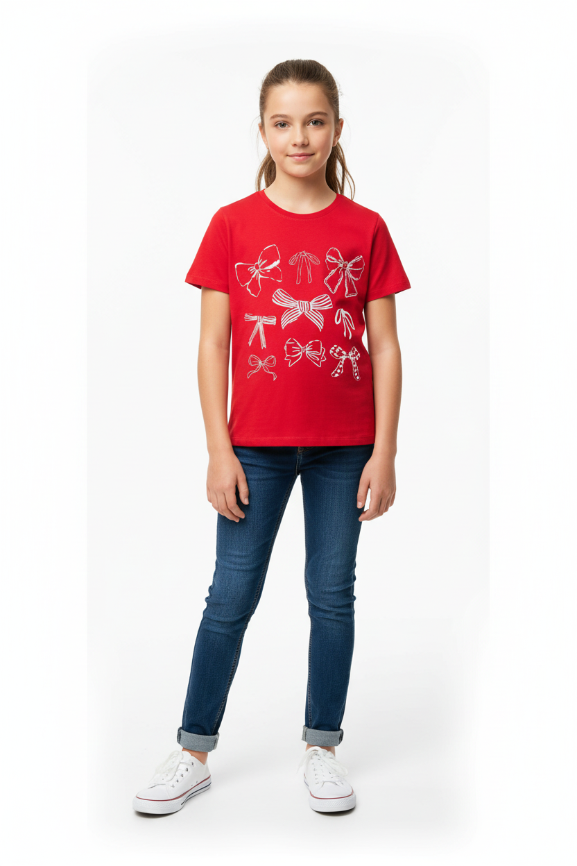 Girls Red Bow T-Shirt Model Shot