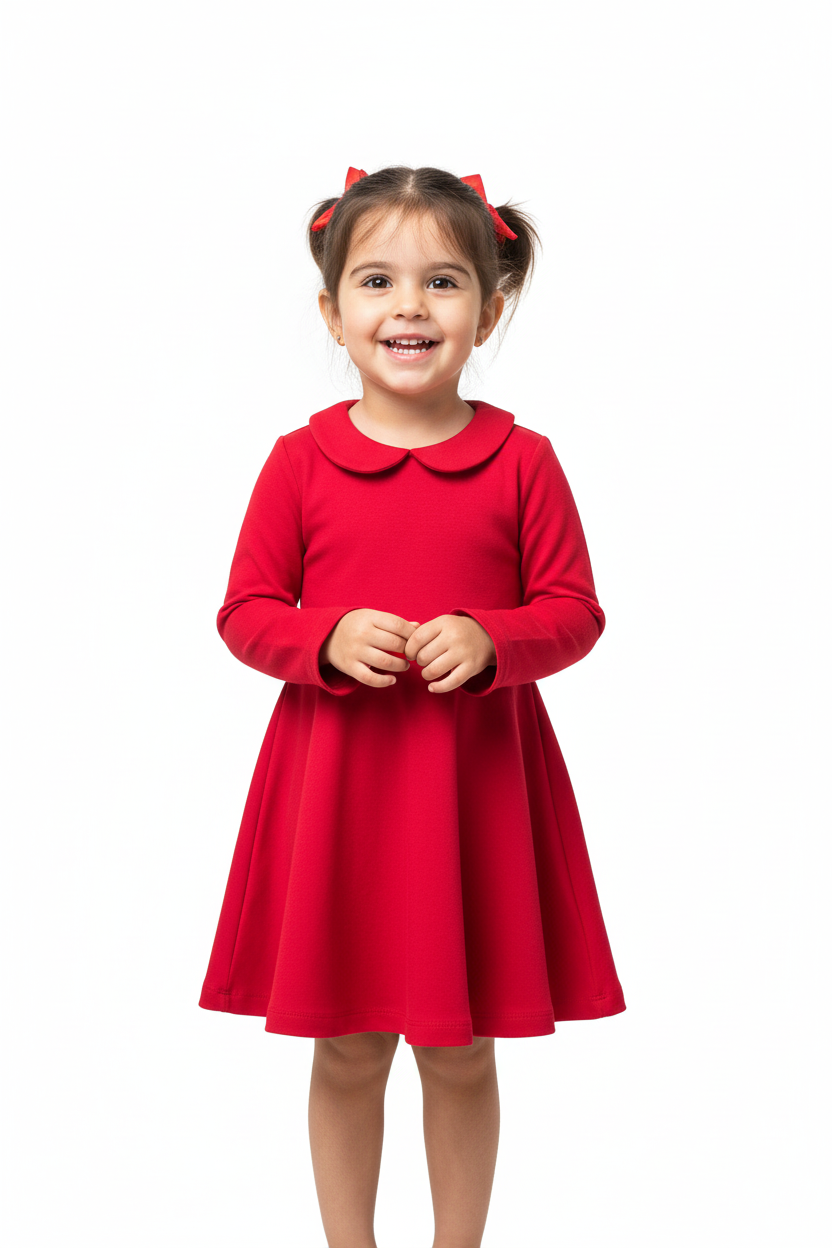 Girls Red Dress on Model - Red Collar