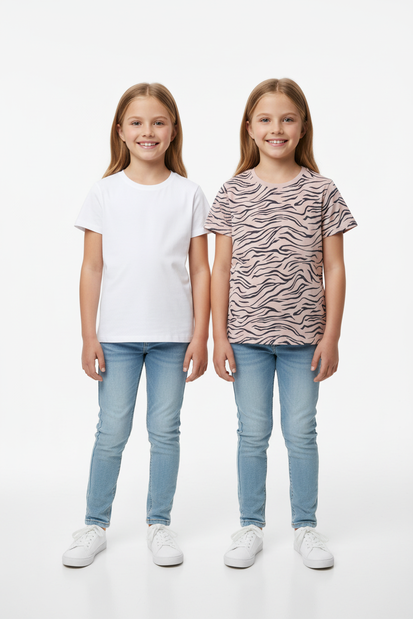 Girls Twin Model Shot - White & Zebra Print T-shirts