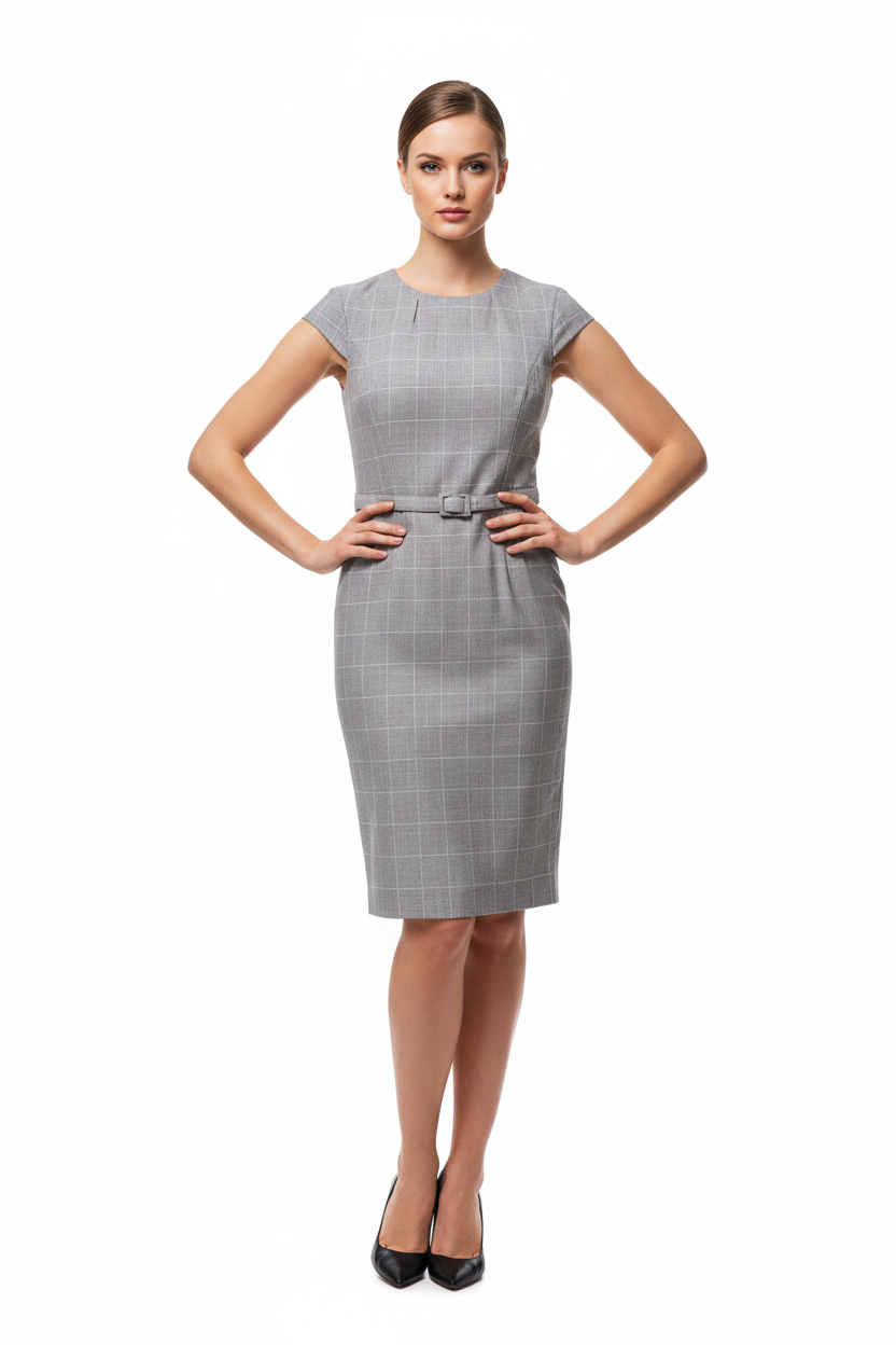 Grey Belted Pencil Dress on Model