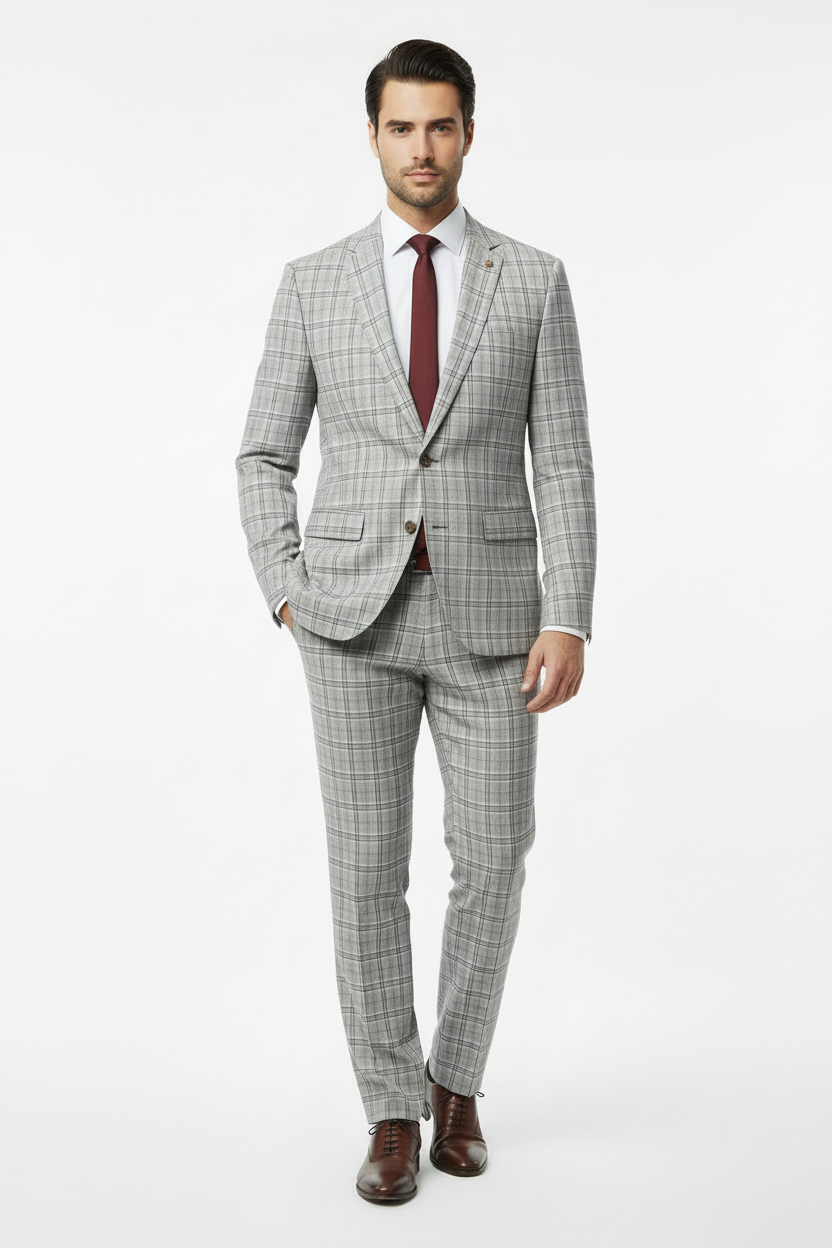 Grey & Burgundy Check Two-Piece Suit