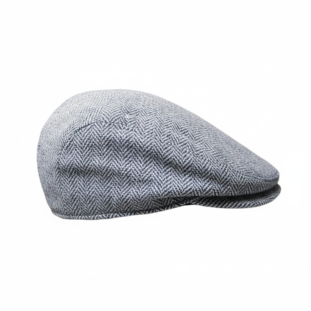 Grey herringbone flat cap – side profile