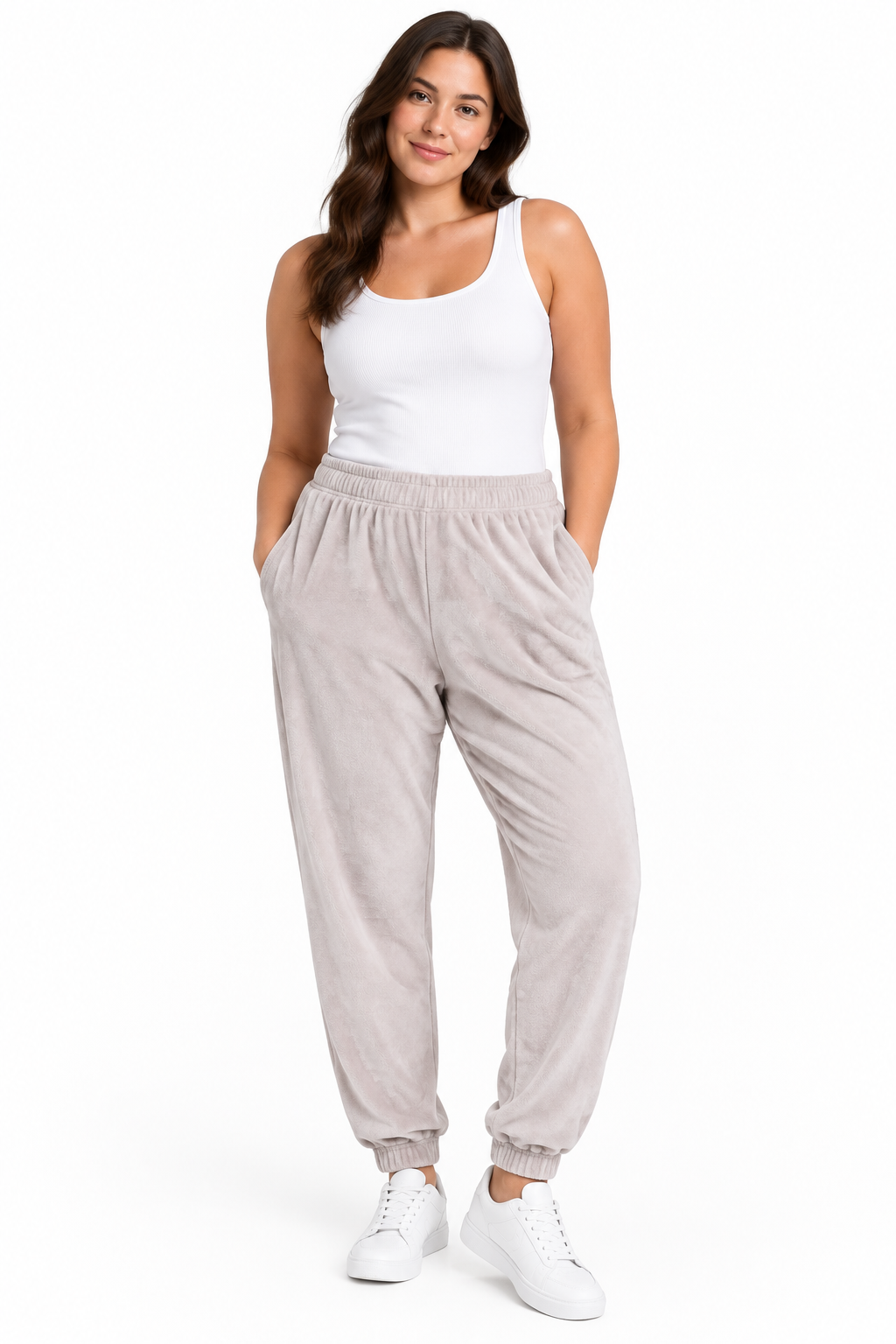 Ladies Beige Fleece Joggers on Model