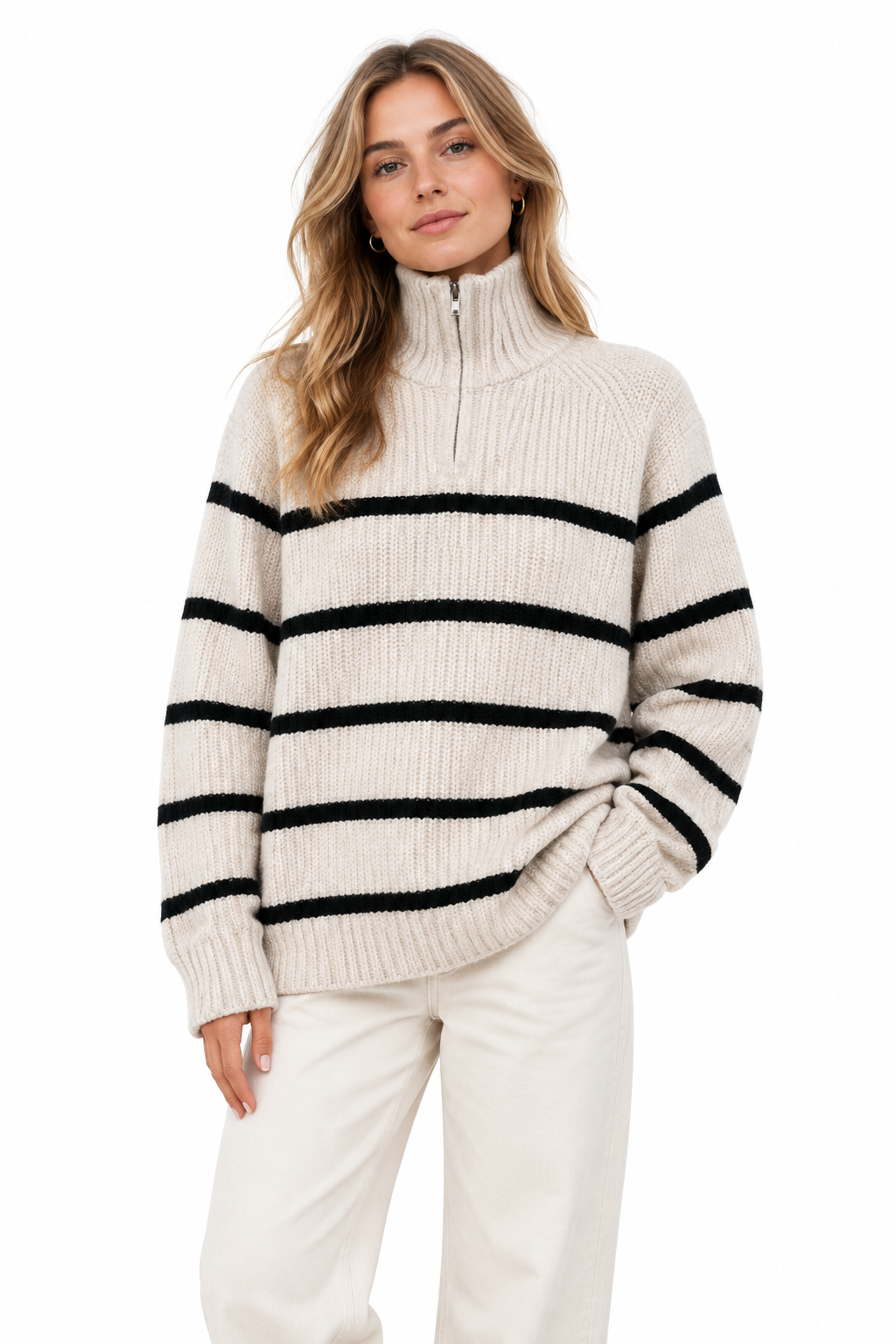 Ladies Black & Beige Stripe Knit Quarter-Zip Turtleneck Jumper on Model