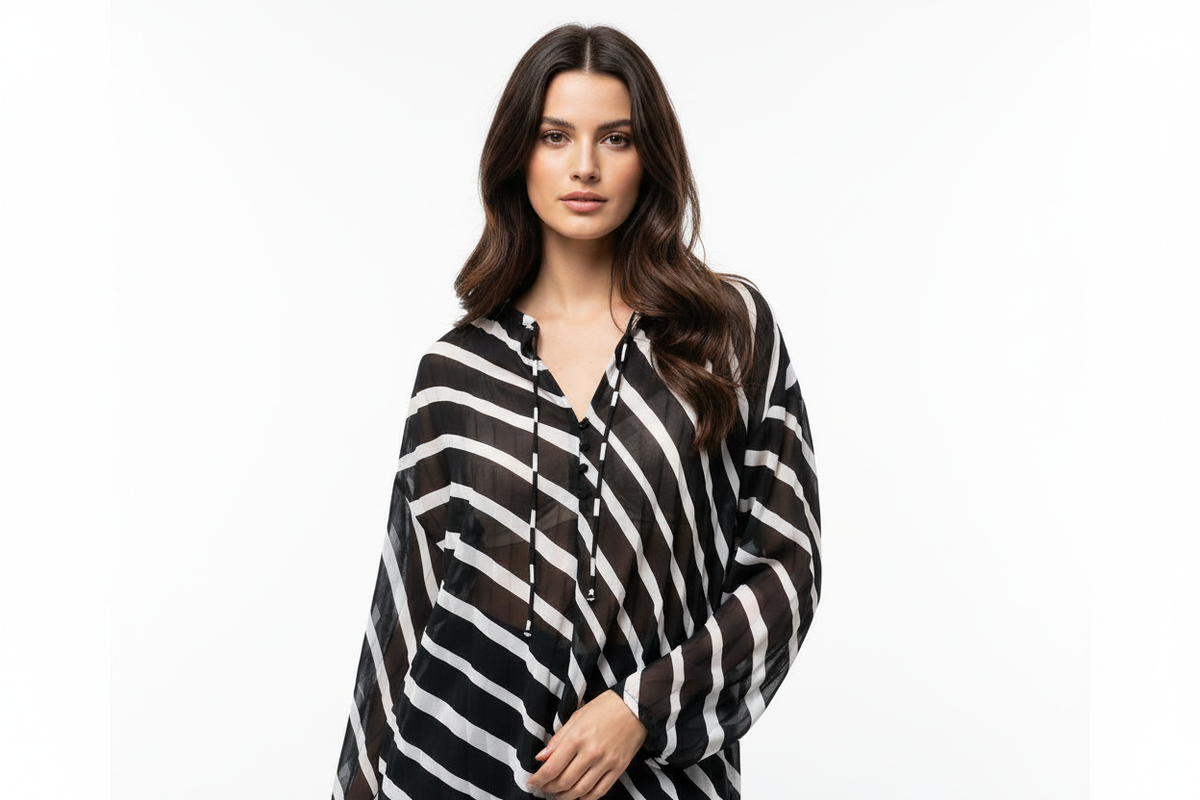 Ladies Black White Striped Blouse – Close-Up Model Shot
