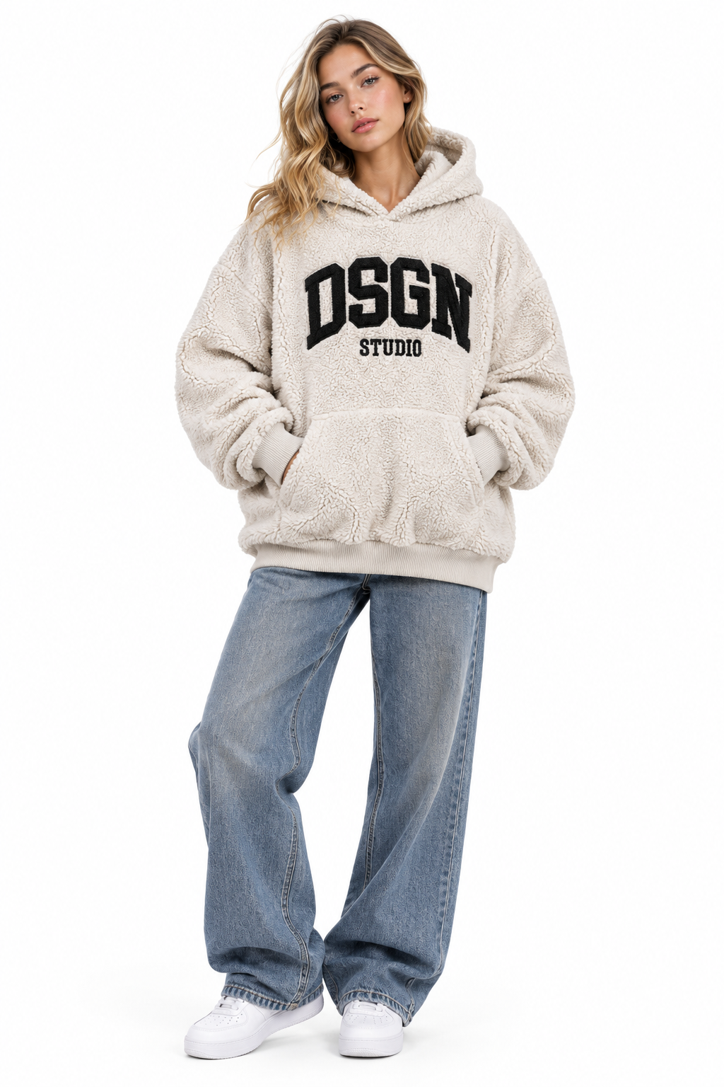 Ladies Boohoo Beige Sherpa Fleece Hoodie on Model