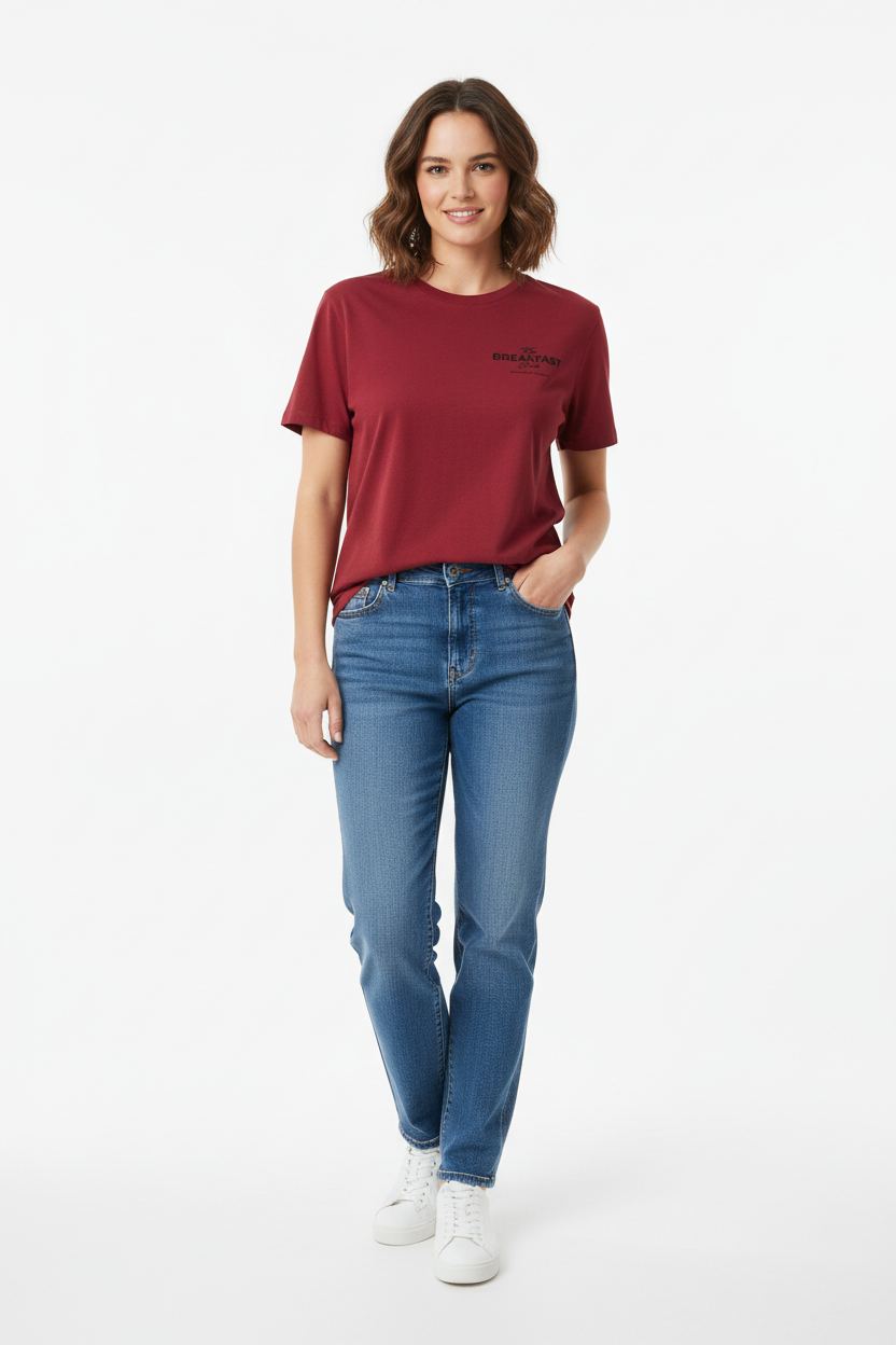 Ladies Burgundy Breakfast Club T-Shirt on Model