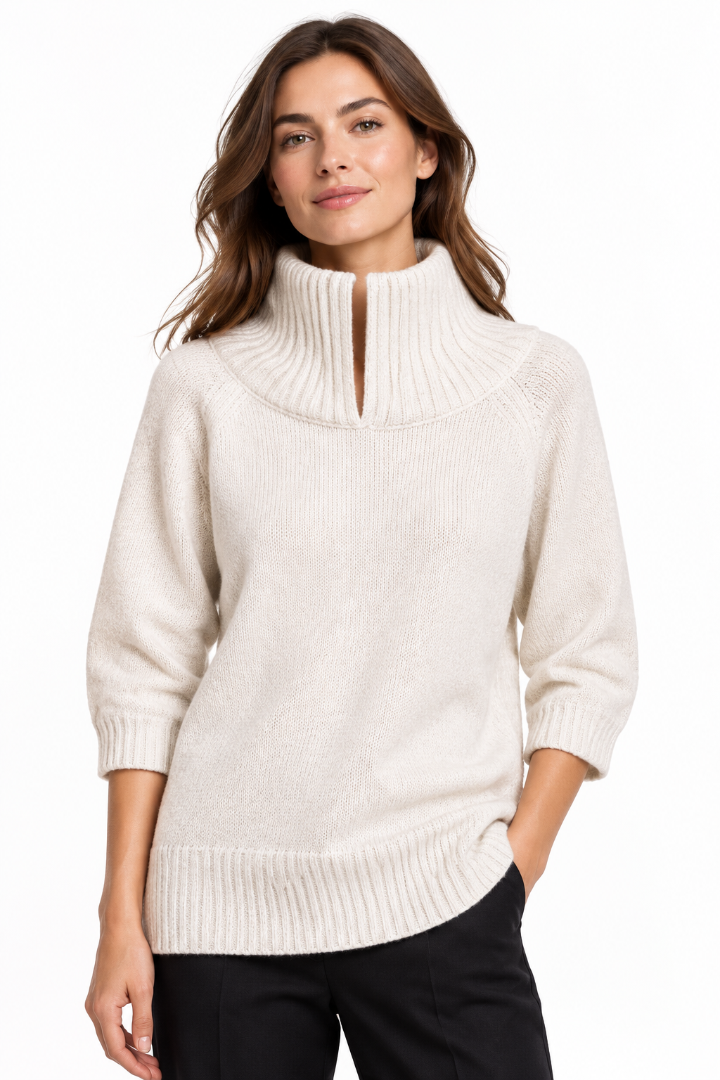 Ladies Cream Funnel Neck Knit Jumper with Centre Slit