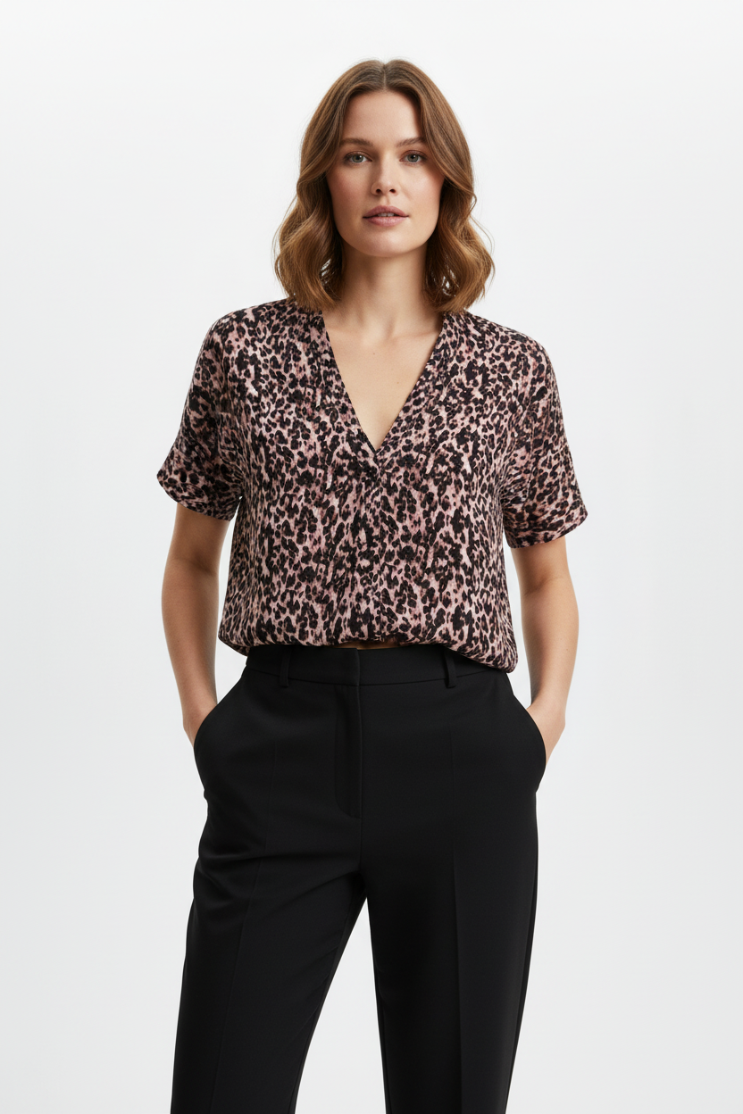 Ladies Cropped Leopard Print Blouse on Model