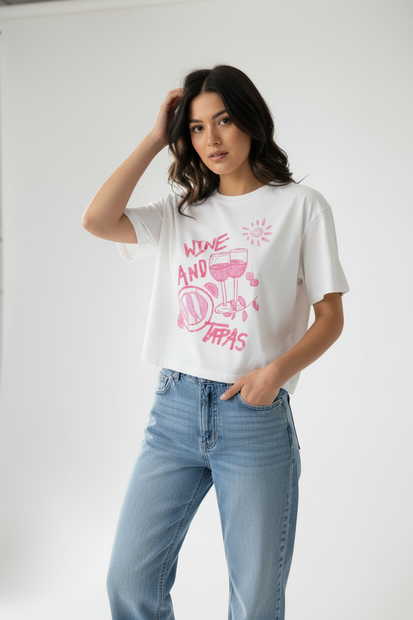 Ladies Cropped T-Shirt Model Shot - White Background