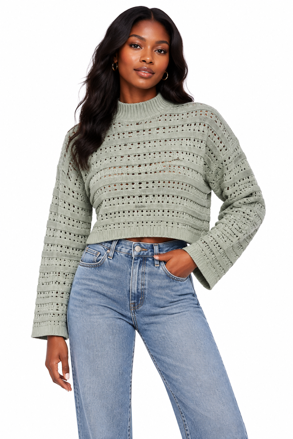 Ladies F&F Sage Green Crop Knit Jumper on Model - Updated
