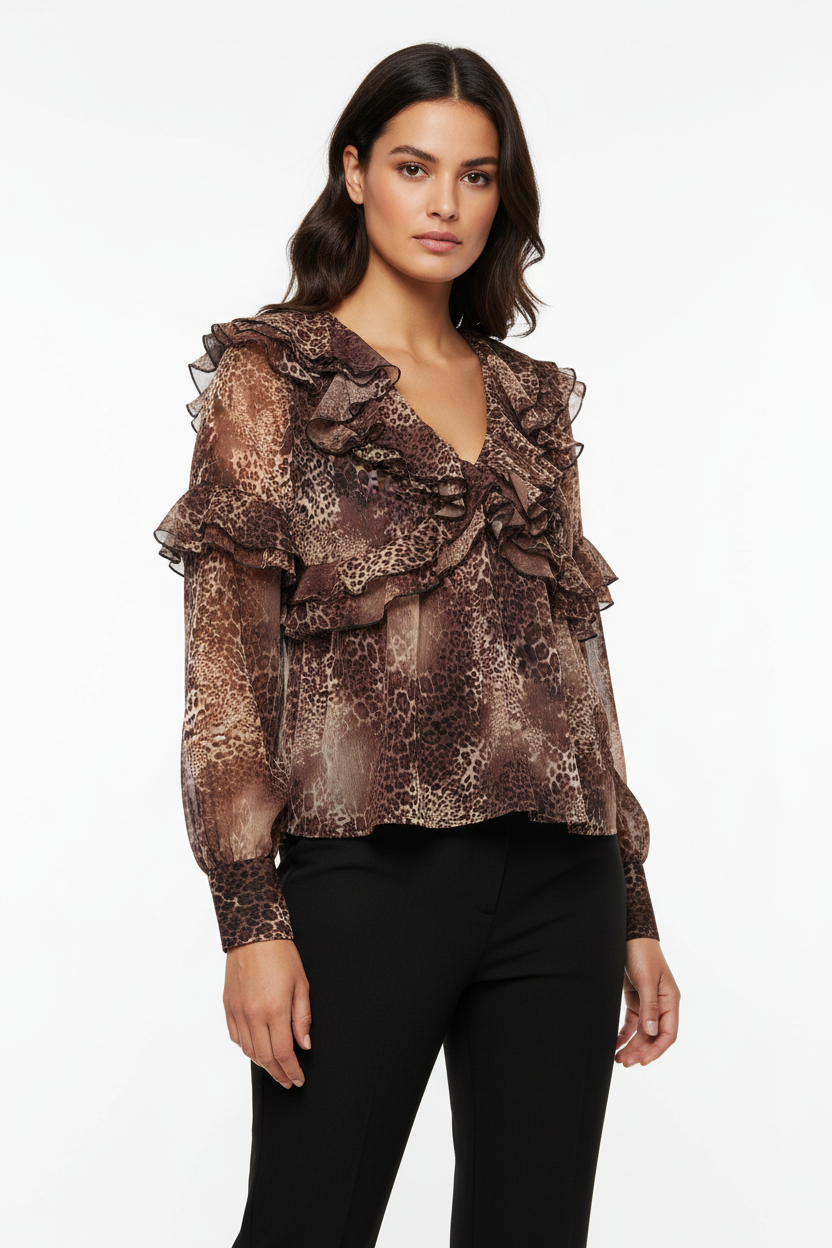 Ladies Leopard Print Ruffle Blouse - Cuffed Sleeves