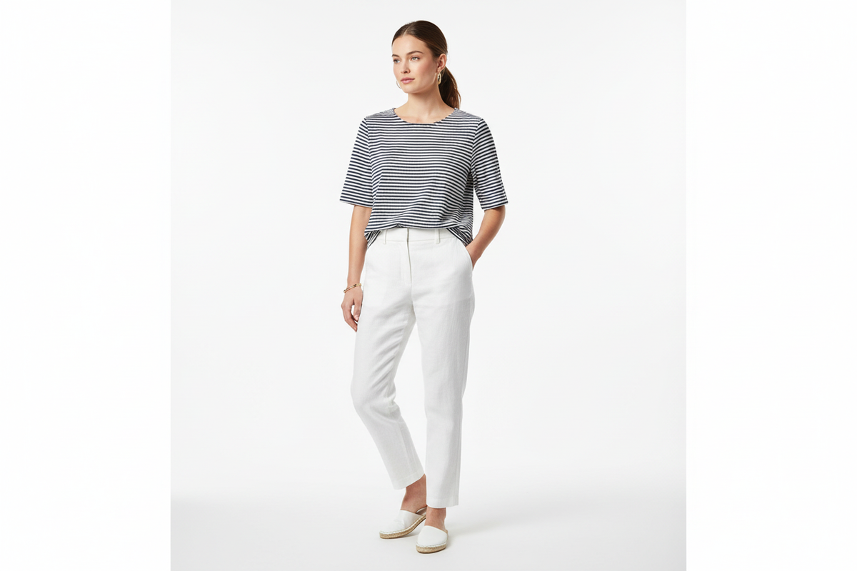 Ladies Navy White Striped Top – Model Shot
