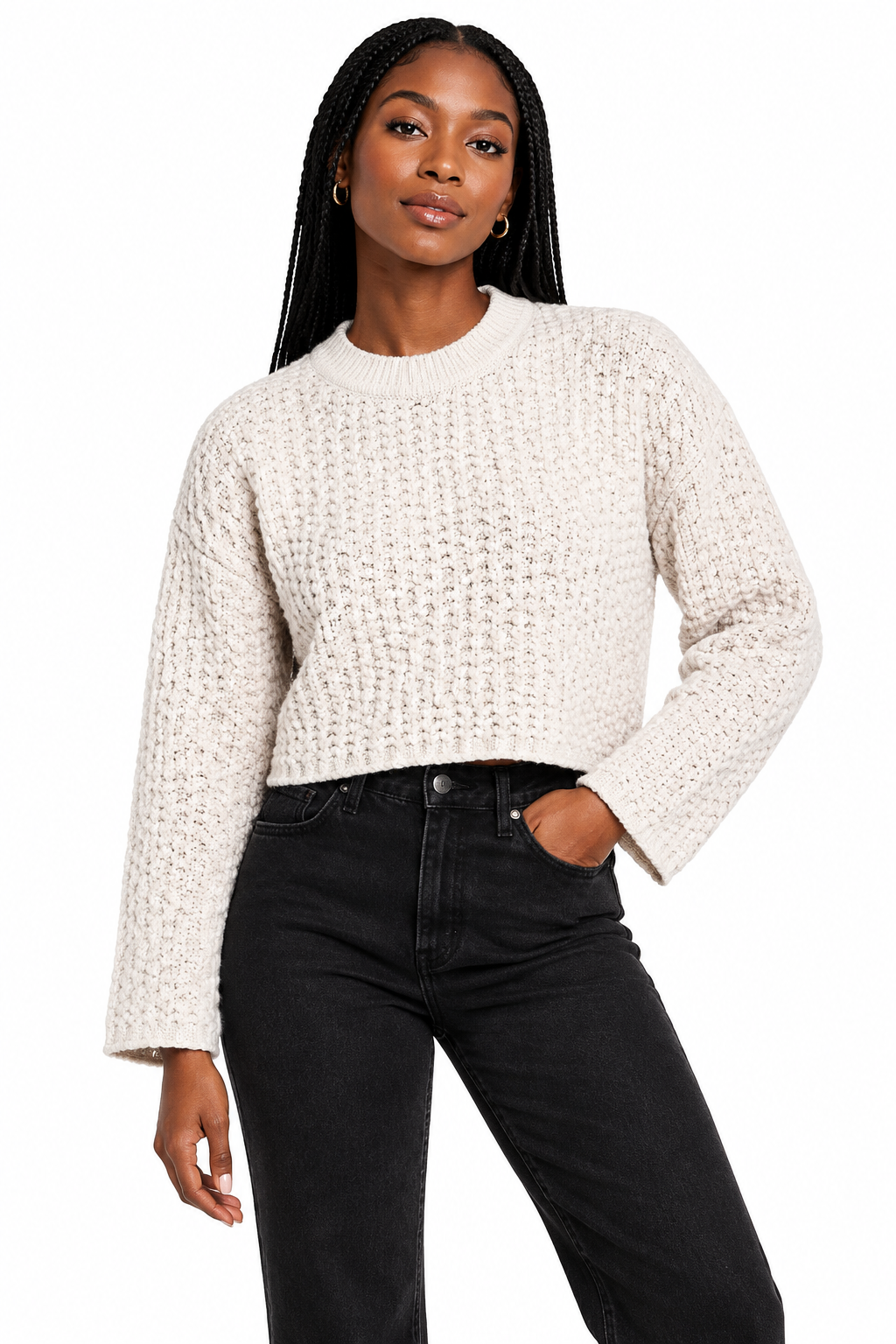 Ladies New Look Cream Crop Knit Jumper - No Cuffs