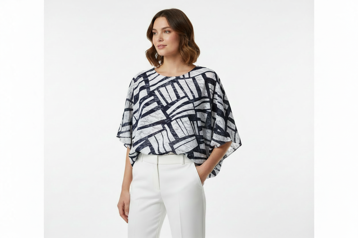 Ladies Roman Navy White Geometric Blouse – Close-Up Model Shot