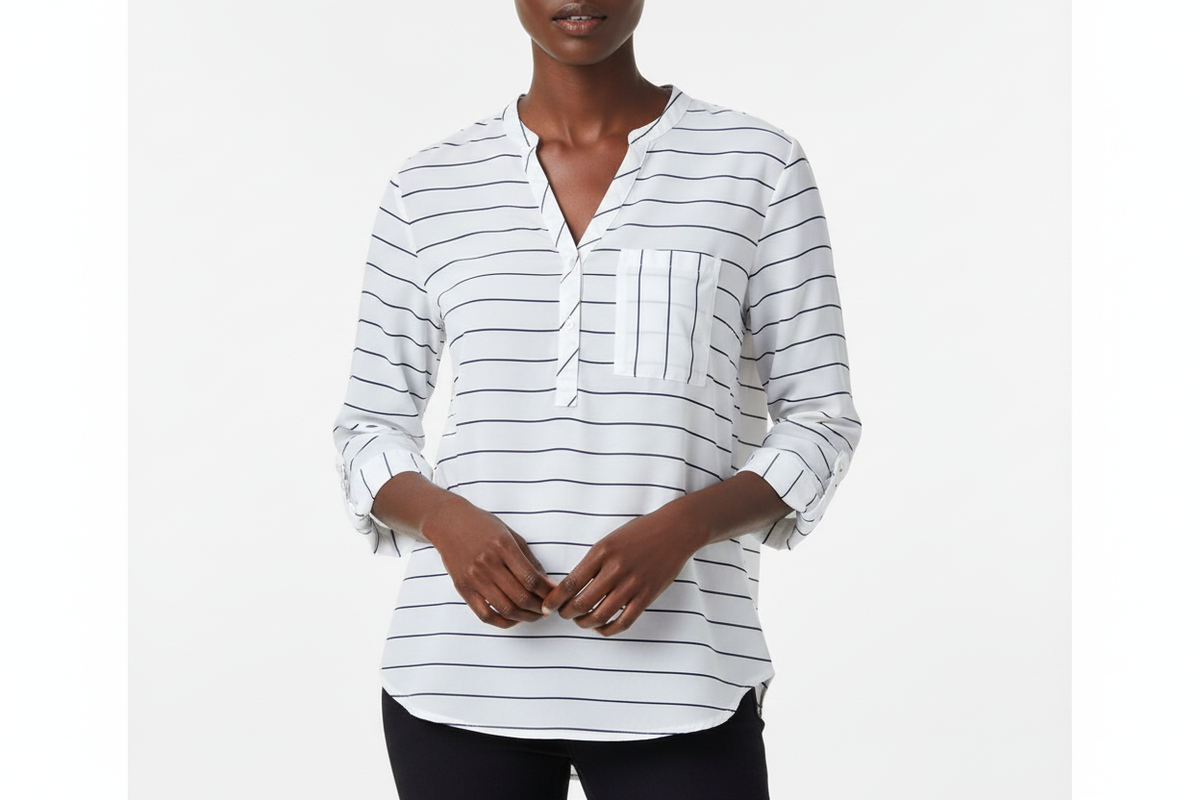 Ladies White Navy Striped Blouse – Face to Hip Close-Up