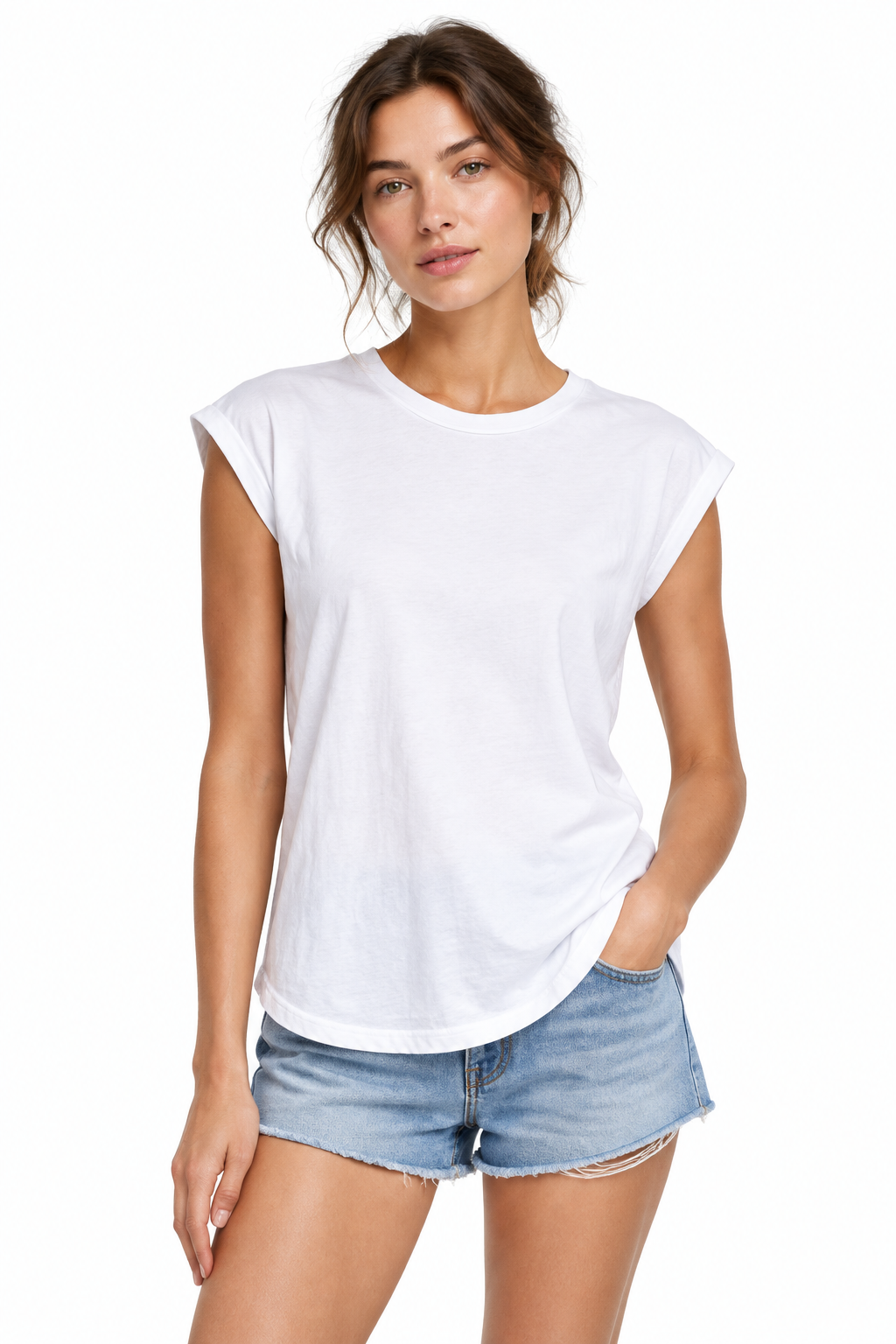 Ladies white t-shirt on model
