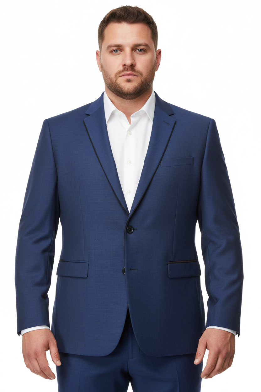 Large built model wearing blue blazer with black lapel trim