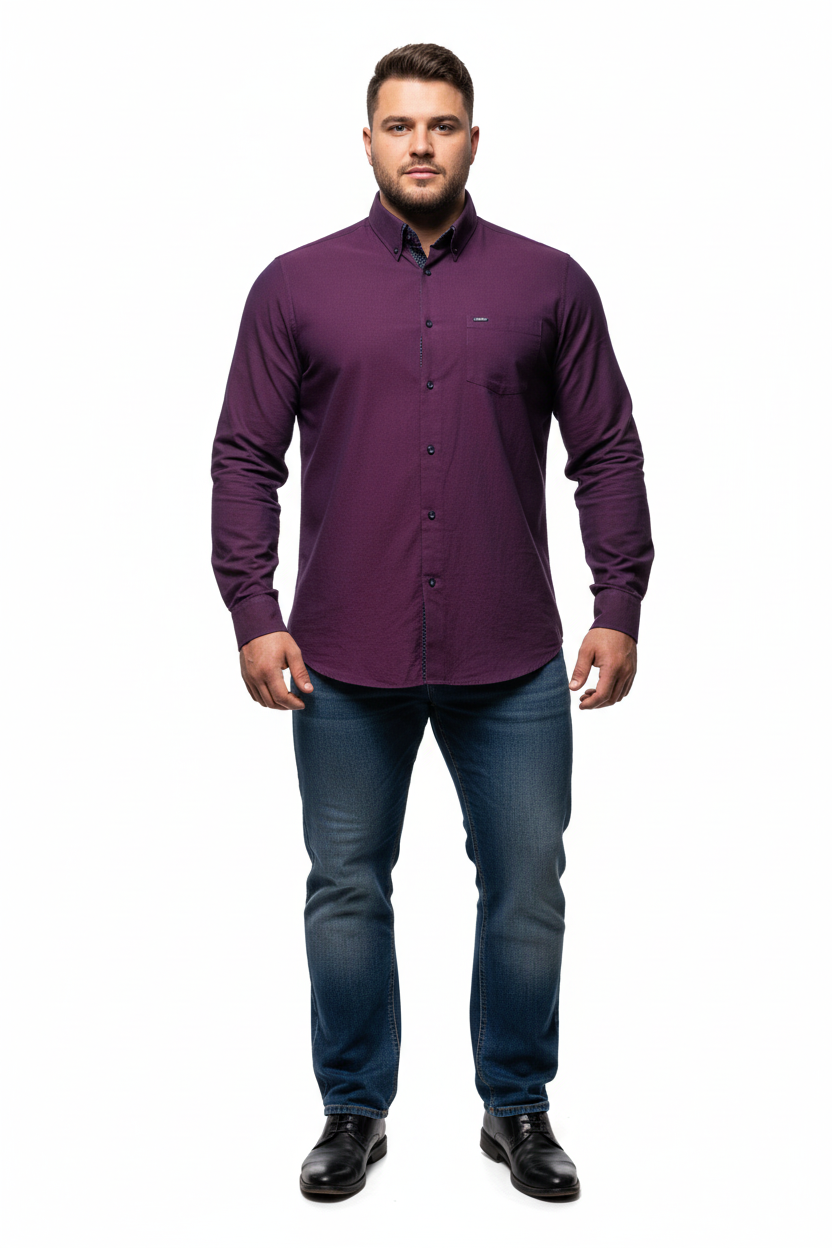 Large built model wearing plum shirt