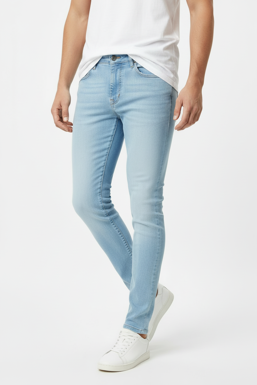 Light Wash Skinny Jeans - White T-Shirt Waist Down