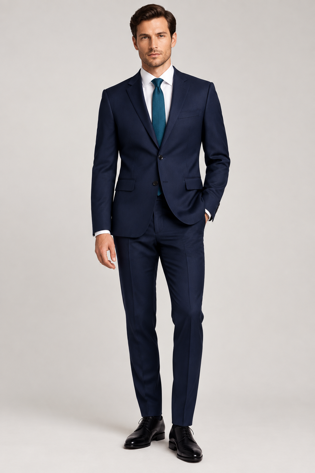 M&S Navy Blue Slim Fit Suit with White Shirt & Teal Tie