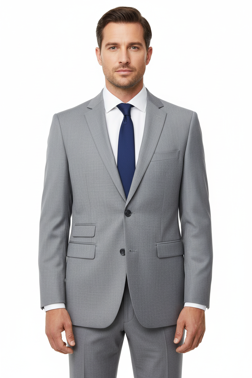 Male model in grey suit with white shirt and navy tie