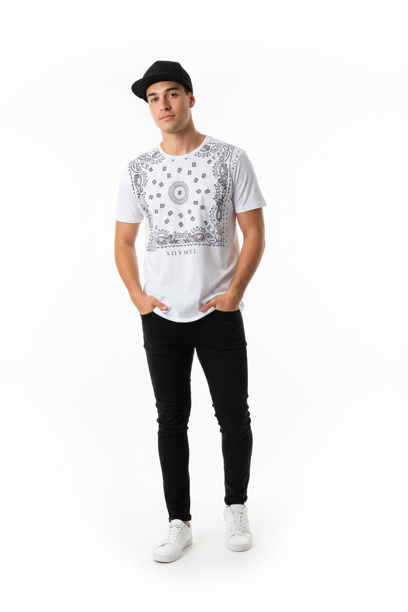 Male model in white paisley t-shirt with black face cap