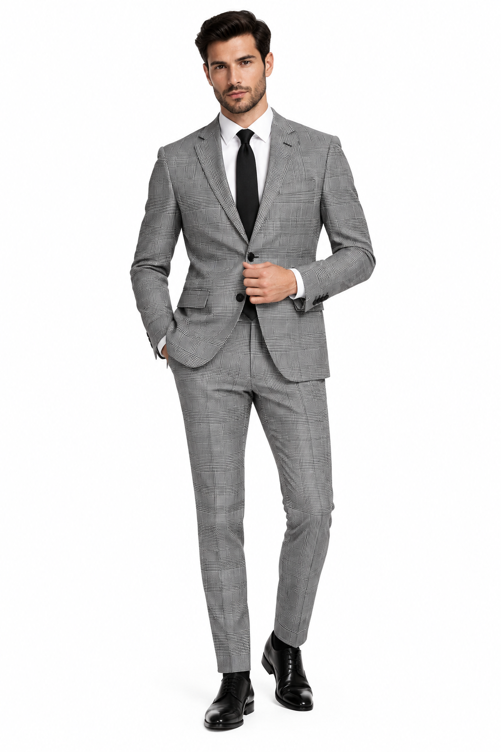 Male model wearing black and white check two-piece suit