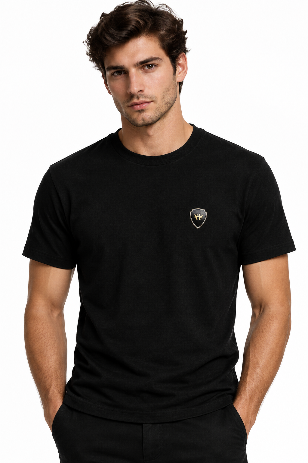 Male model wearing black shield badge tee