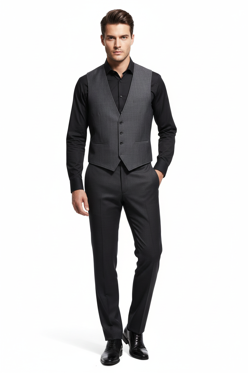 Male model wearing charcoal grey waistcoat with black shirt