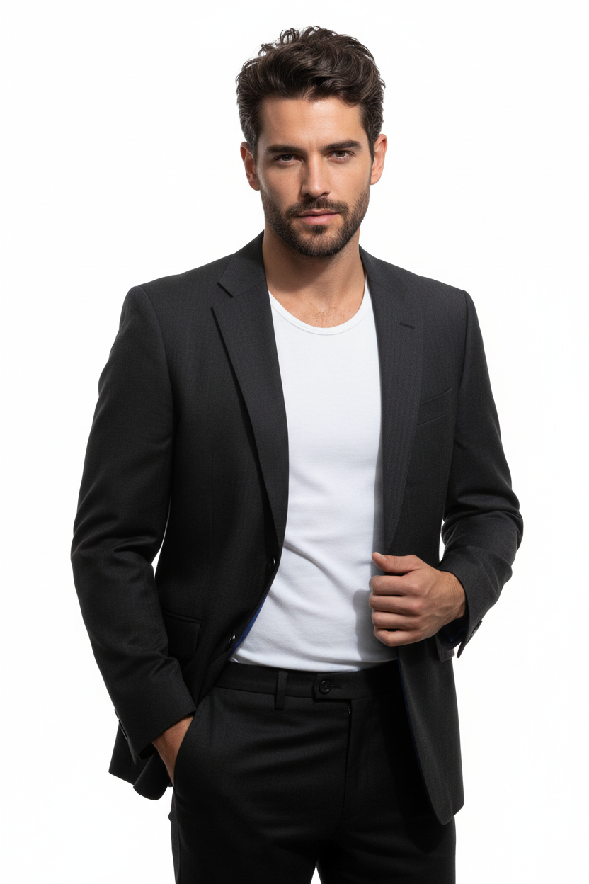 Male model wearing dark charcoal grey blazer, face to hip
