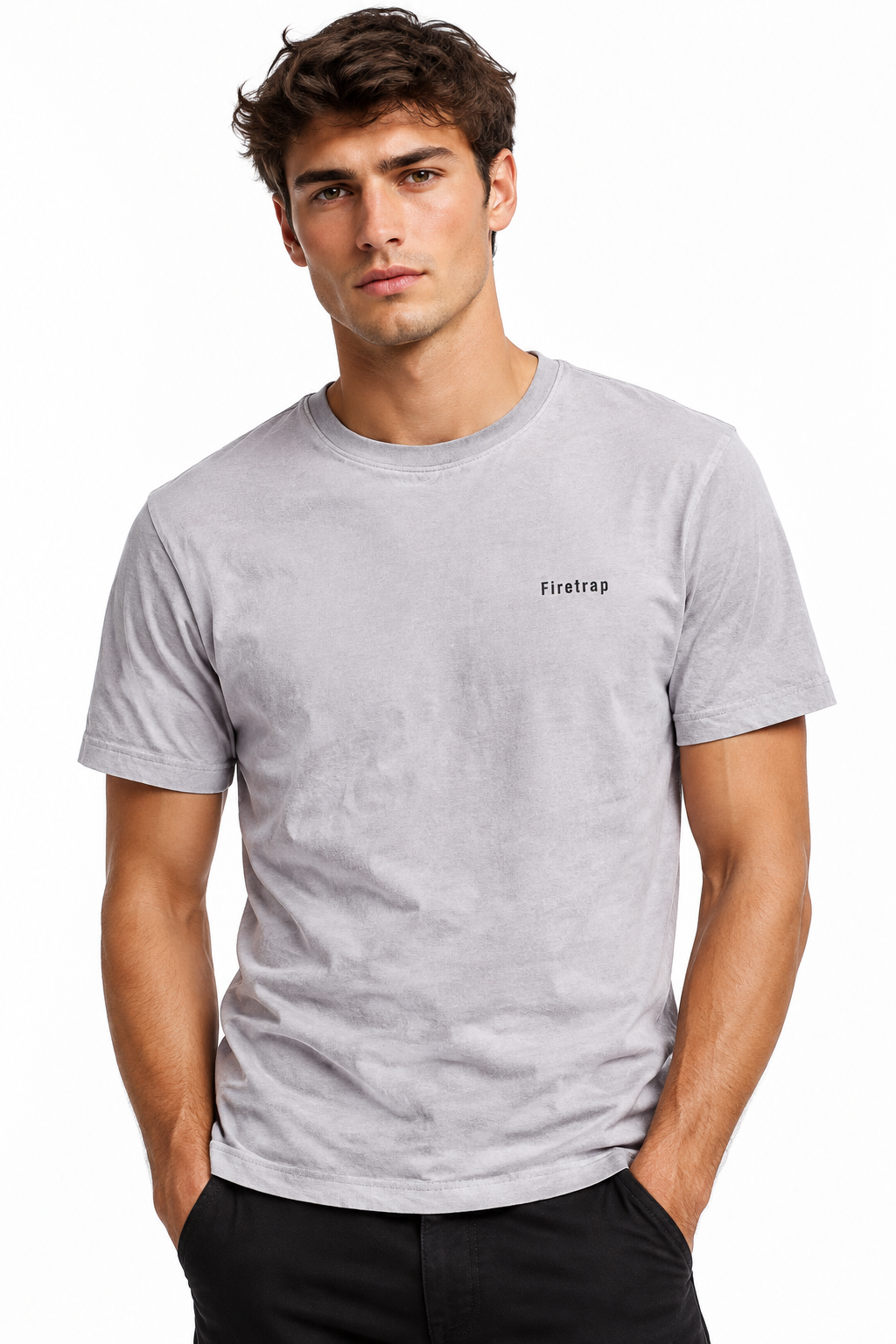 Male model wearing grey Firetrap tee