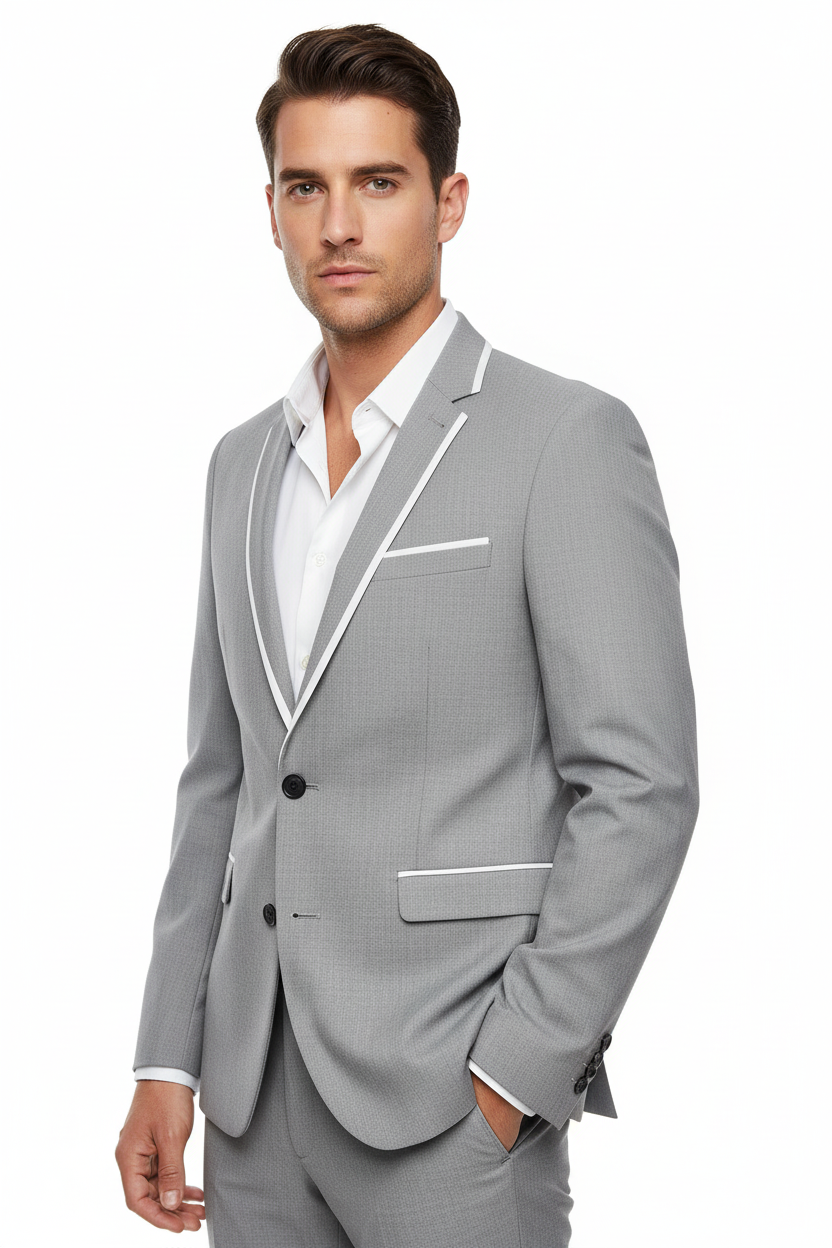 Male model wearing light grey blazer with white piping, face to hip