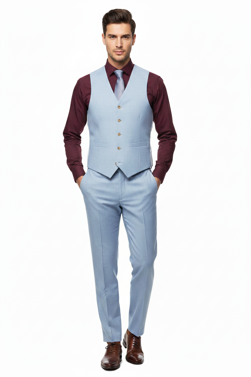 Male model wearing lighter ice blue waistcoat and trousers with burgundy shirt