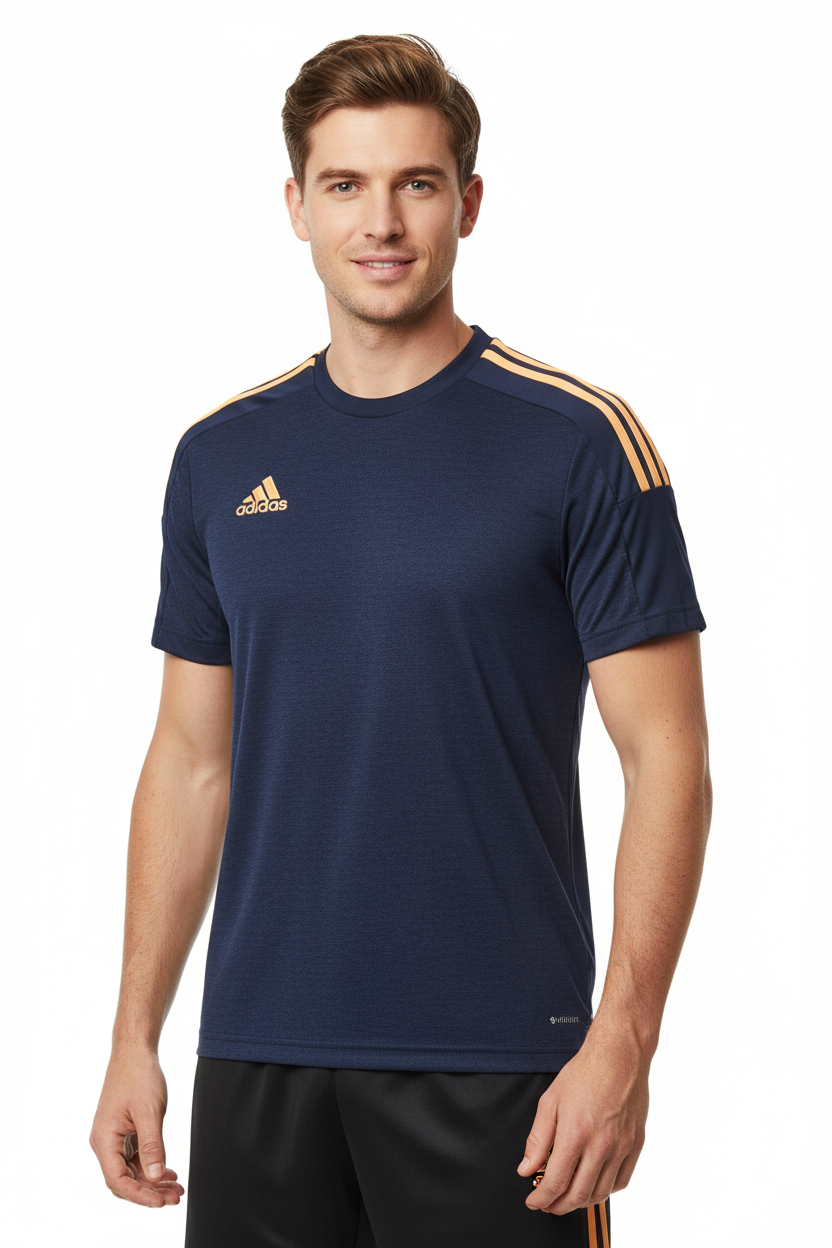 Male model wearing navy Adidas tee – head to waist crop