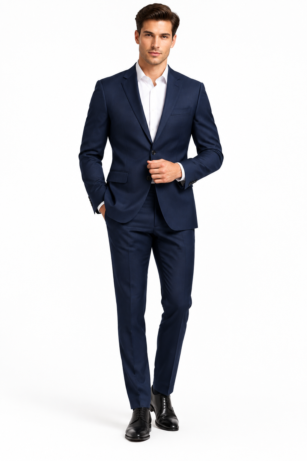 Male model wearing navy blue tailored two-piece suit