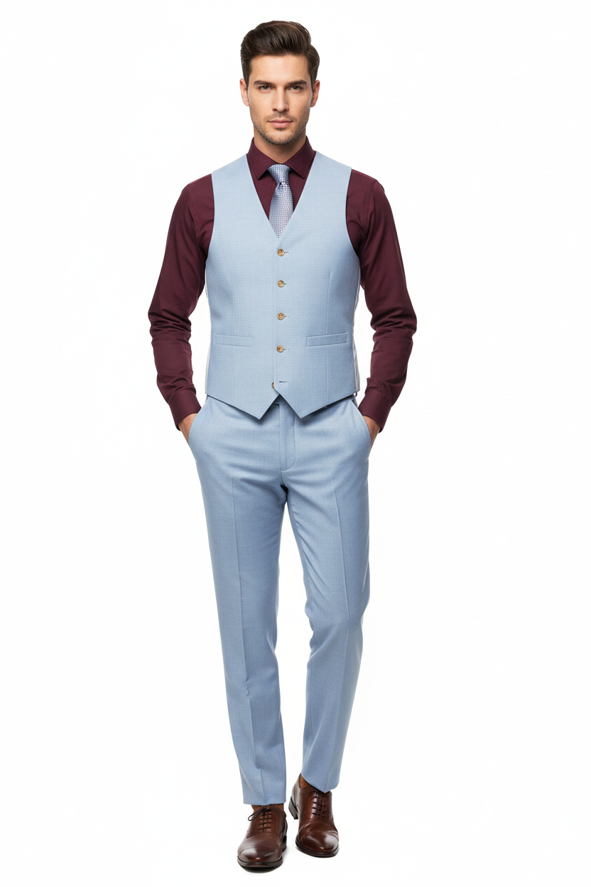 Male model wearing pale blue waistcoat with burgundy shirt and tie