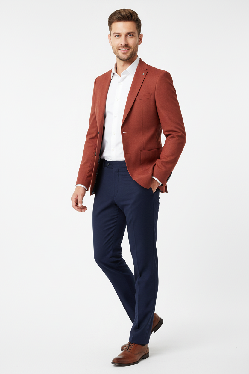 Male model wearing the rust blazer