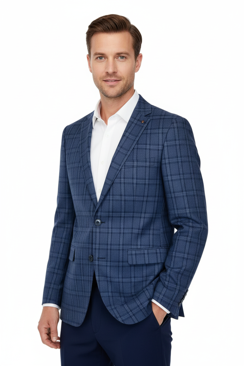 Men Blue Check Blazer - Model Shot