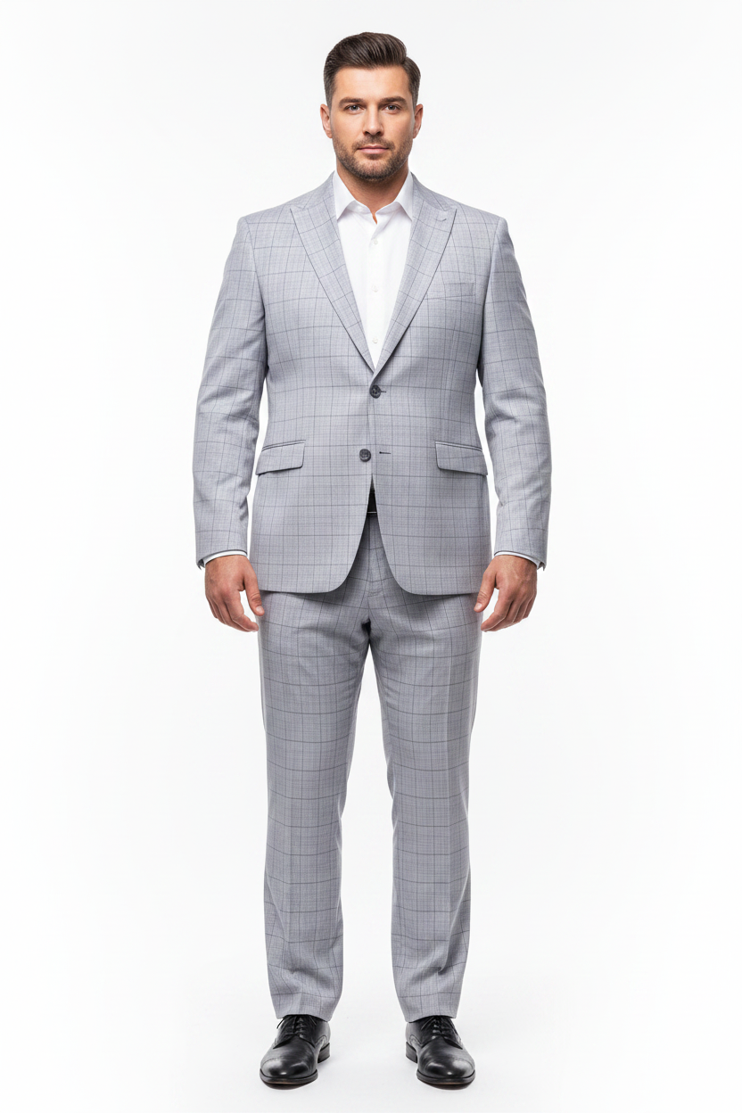 Men Light Grey Check Suit — Big & Tall Model Shot