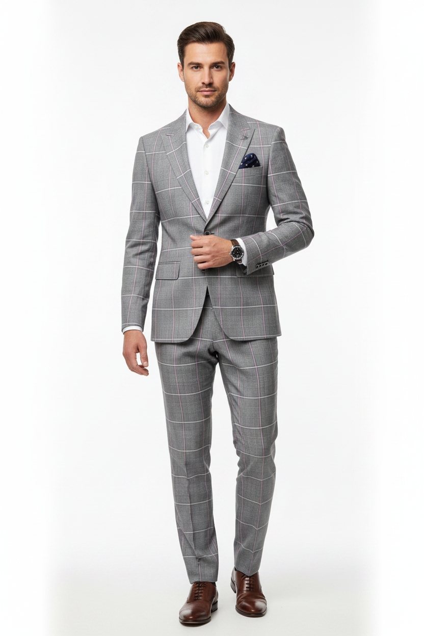 Men Moss Grey Check Slim Fit Suit — Model Shot