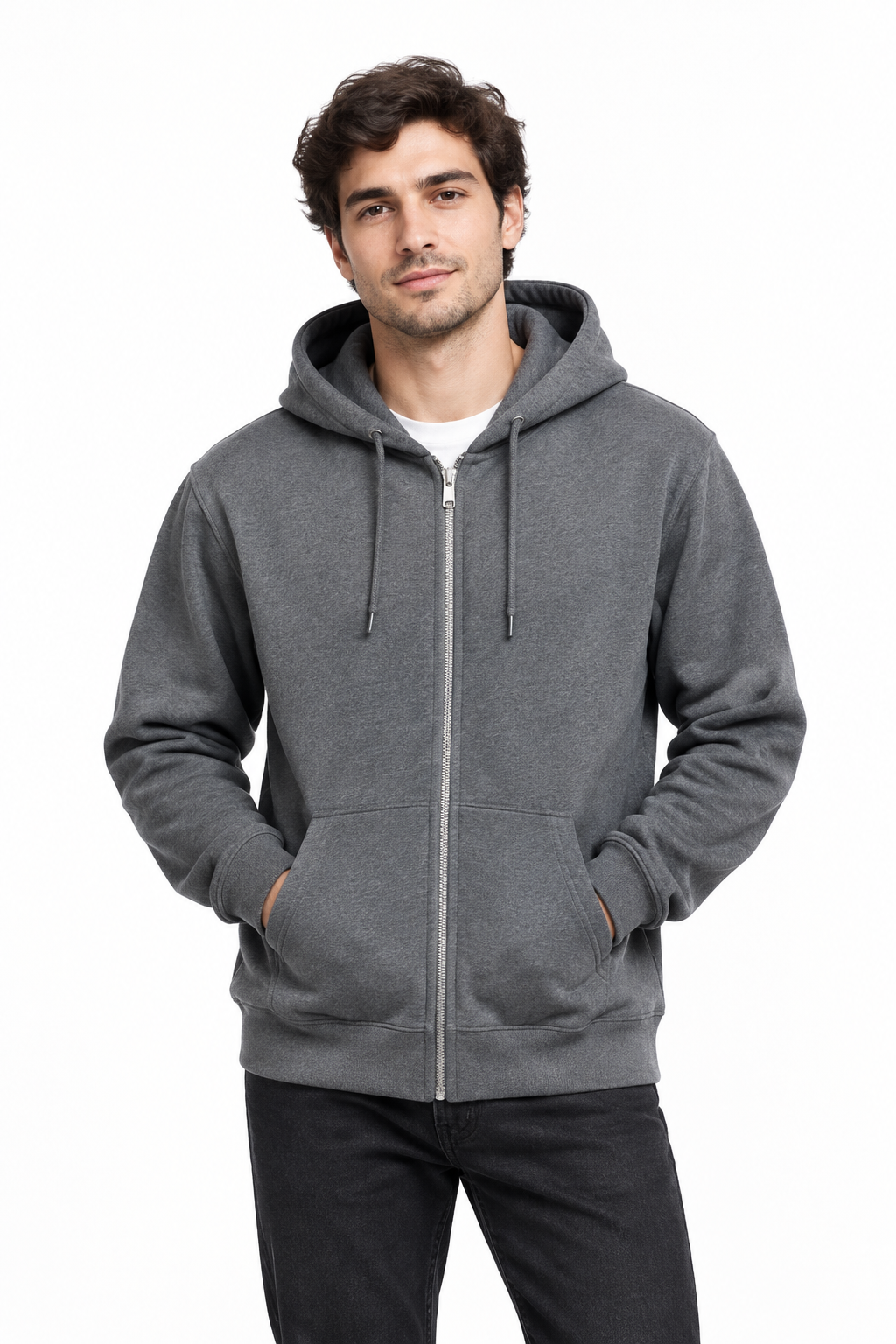 Men's Dark Grey Zip-Up Hoodie on Model